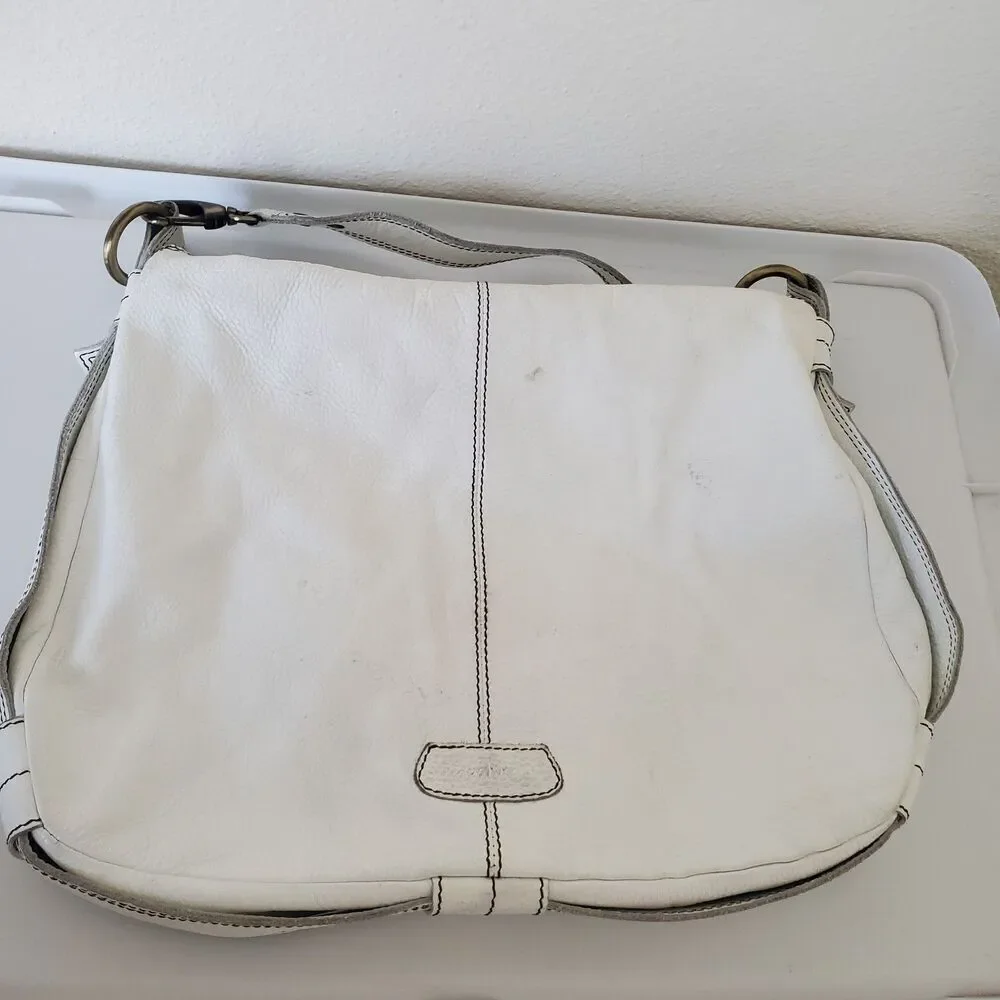 Oushka Vintage White Leather Shoulder Bag Hobo Purse w/ Front Pockets Crossbody